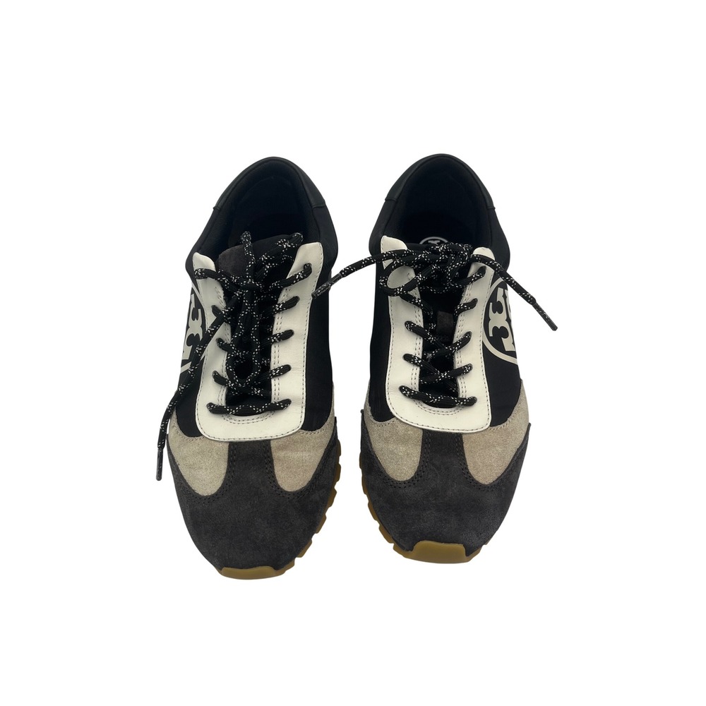 Tory Burch T-Monogram Black Suede Textile Sneakers Womens 8.5 Logo Trainers